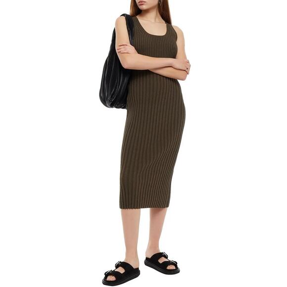 ALEXANDER MCQUEEN Genesis Ribbed Cotton Blend Midi Dress Womens Olive Green Knit - Picture 1 of 15